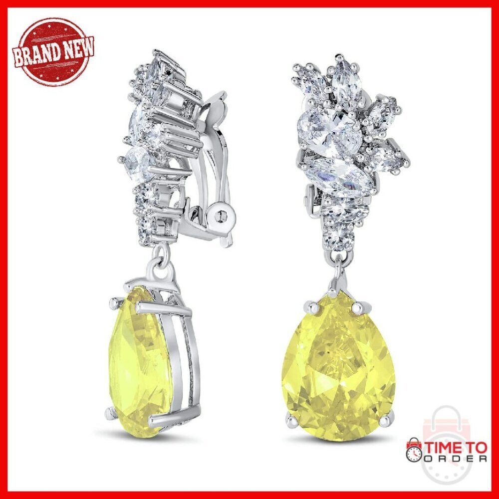 Vintage CZ Teardrop Leaf Clip-On Earrings Silver Plated Formal